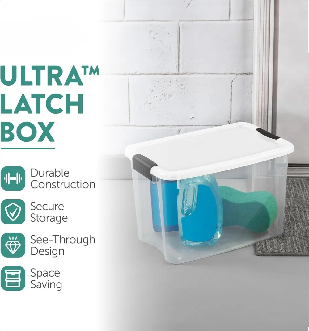 30 Qt Ultra Latch Box, Stackable Storage Bin with Lid, Plastic Container with Heavy Duty Latches to Organize, 6-Pack