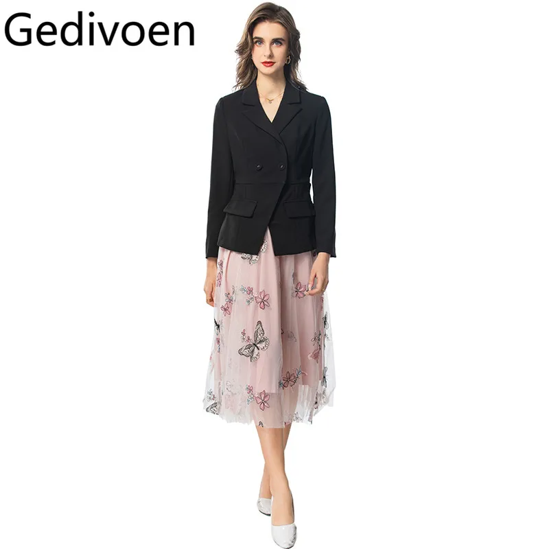 

Gedivoen Autumn/Winter Women's Suit Long-sleeve Double Breasted Notched With Belt Tops+Fashion Embroidery Skirt 2 piece set