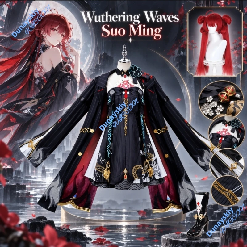 Suoming Cosplay Outfit Wuthering Waves Black Cheongsam Dress With Cloak Wig And Accessories Anime Game Halloween Party Wear