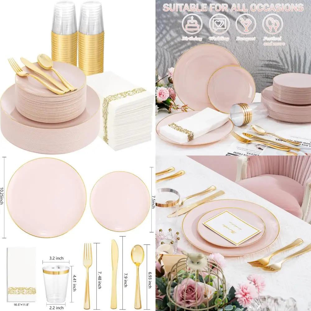 

Розовые сверхпрочные одноразовые пластиковые тарелки, набор столовой посуды из 350 предметов, включая 50 обеденных тарелок для вечеринок и мероприятий