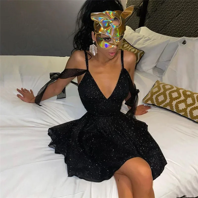 Sexy Women Sequin Mini Dress Sleeveless Satin Dress Cut Out Bodycon Short Sparkle Spaghetti Strap Party Sparkle Dress Clubwear