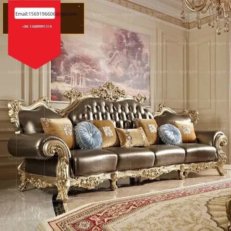 

European-style solid wood carved sofa combination villa luxury first floor leather living room custom sofa