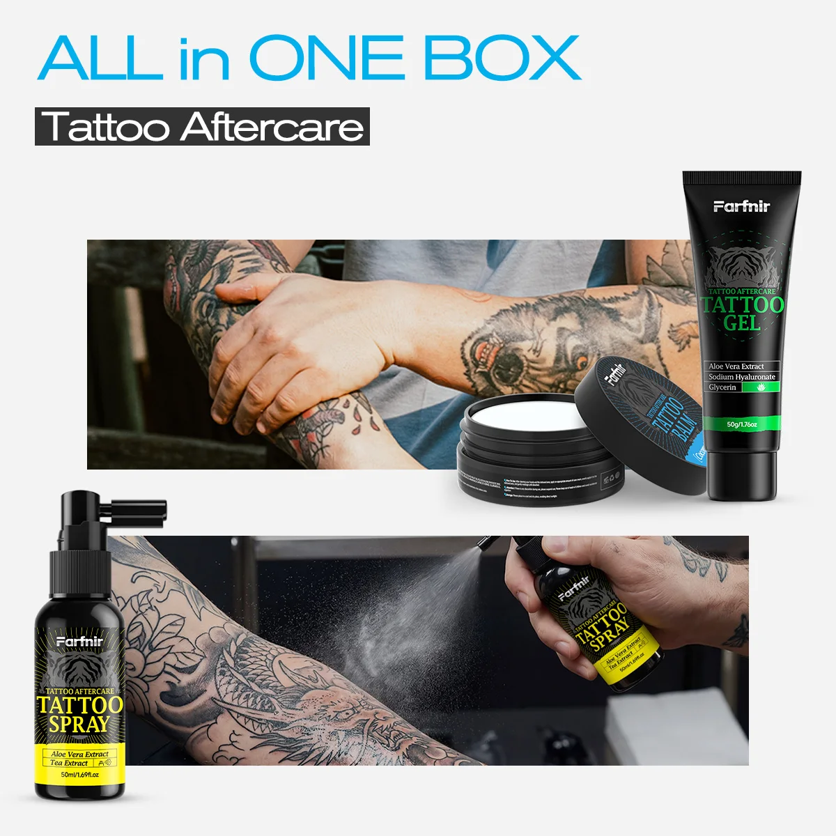 Tattoo care kit moisturizes and nourishes the skin, presents vibrant colors, and gently cares for the tattoo