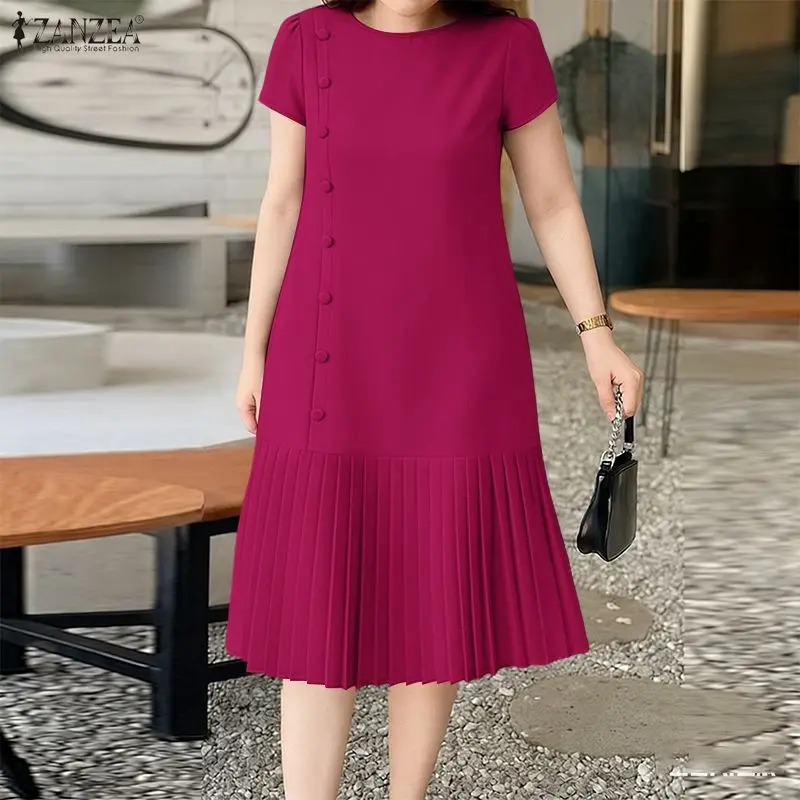 ZANZEA Elegante Plissierte Kleider 2026 Damen Sommerkleid O-Ausschnitt Kurzarm Sonnenkleid Stilvolles Einfarbiges A-Linien OL Arbeitskleid Midi-Robe