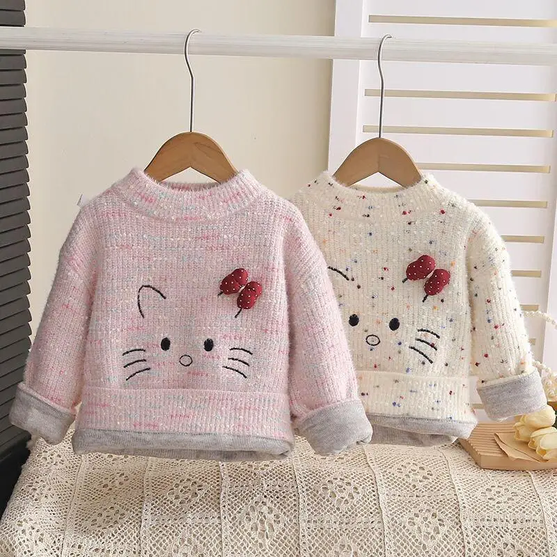 

Sanrio Hello Kitty пальто для девочек с круглым вырезом, бархатный утепленный топ, осенне-зимний свитер, вязаная нижняя рубашка для верхней одежды