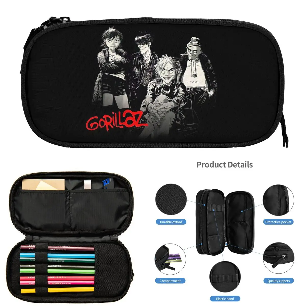 Gorillaz Music Band Gothic Federmäppchen für Schüler, Schule, Stiftbox, Bleistiftbeutel, großes Aufbewahrungs-Federmäppchen