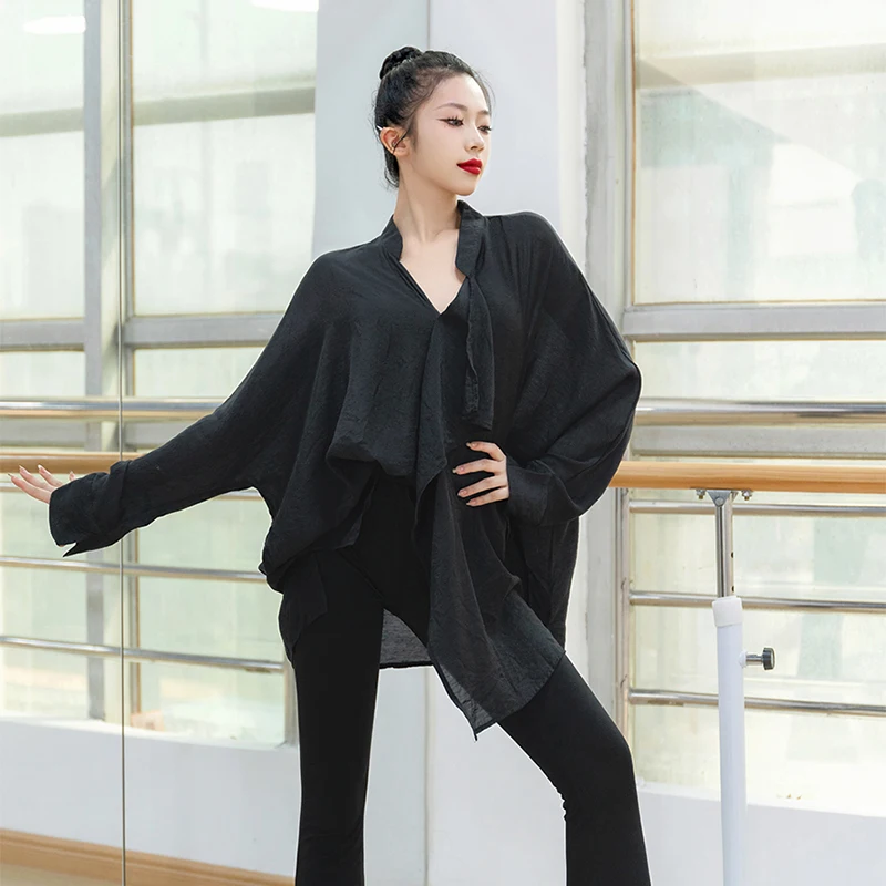 Loose Long Sve Latin Dance Practice orm Women's Adult Top V-Ne Training irt Slimming Dancewear Casual Fitn