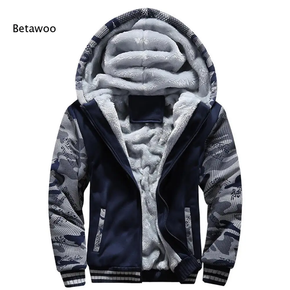 Men Camo Splice Hooded Jacket Full Zip Fleece Lined Thick Warm Long Sleeve Coat For Outdoor And Daily Going Out
