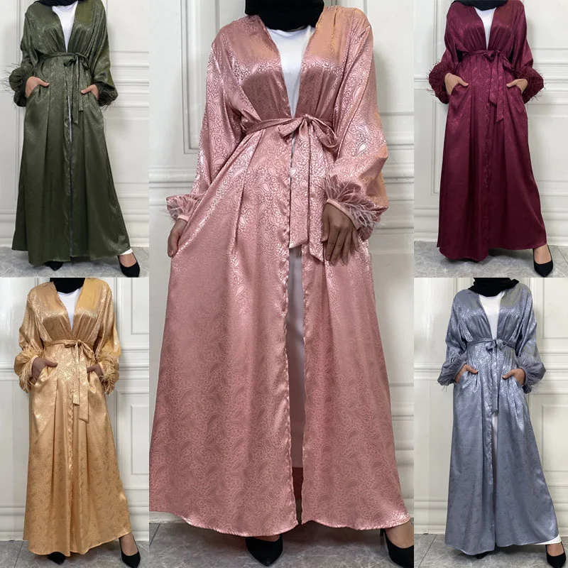 

Feather Satin Eid Open Abaya Women Muslim Cardigan Maxi Dresses Kimono Dubai Kaftan Arabic Islamic Ramadan Femme Gowns Clothing
