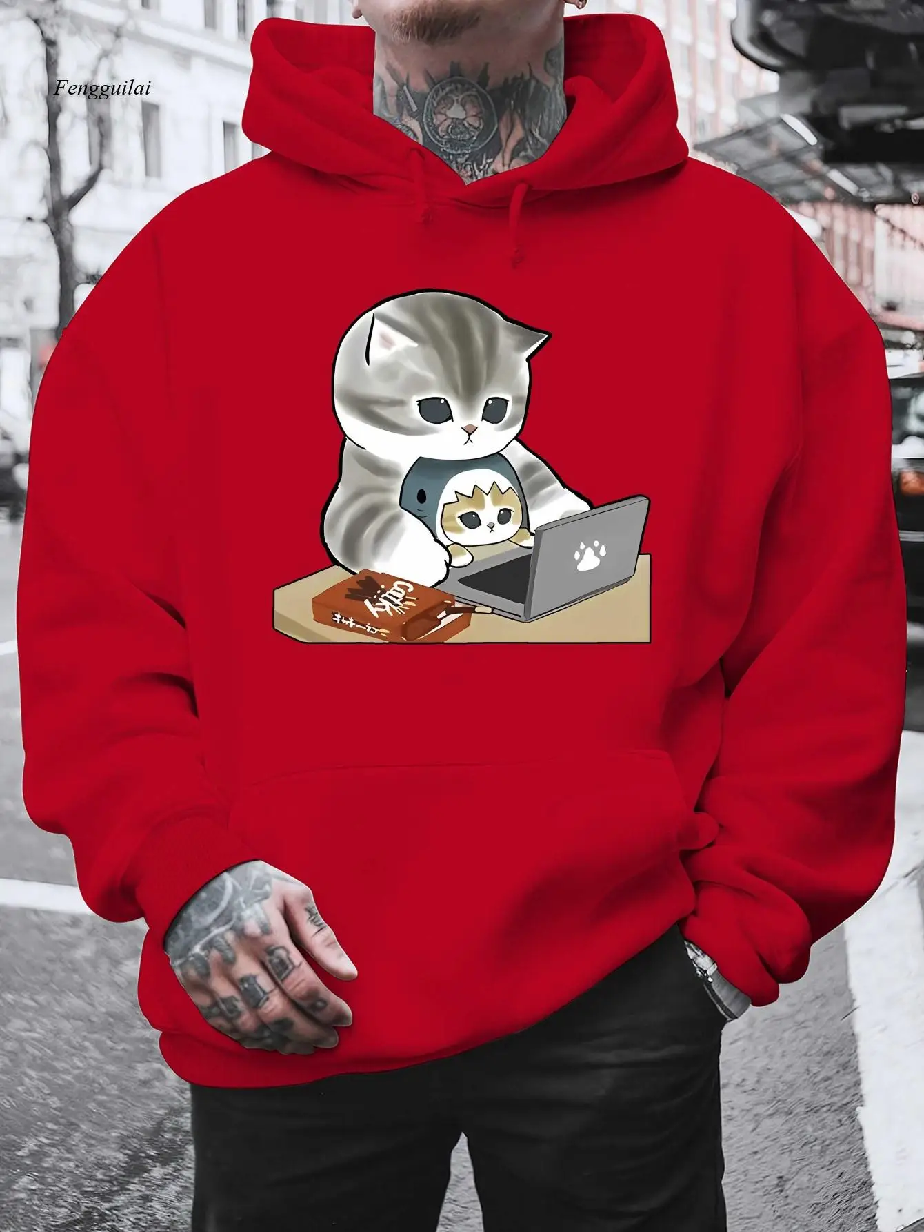 

Толстовка из плюшевого флиса с графическим рисунком Tech Savvy Cats — черный зимний теплый пуловер с дизайном кота для ноутбука, повседневная уличная толстовка