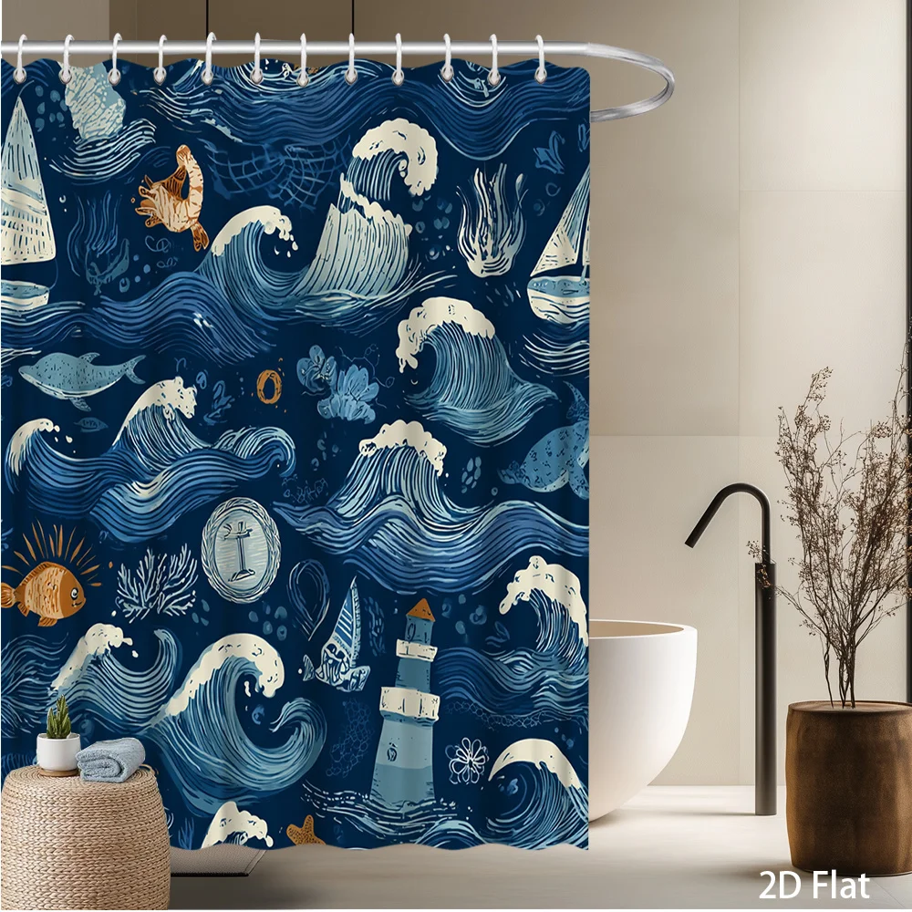 

Ocean Waves & Marine Life Shower Curtain – Nautical Theme with Sailboats, Lighthouse Fish, Deep Blue Art Design, Includes Hooks