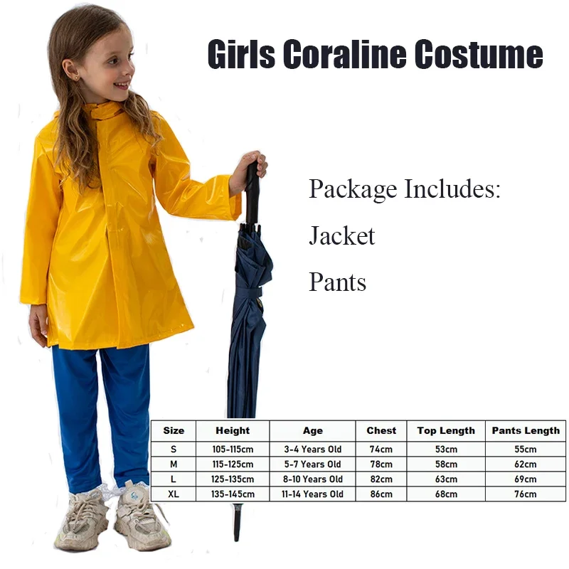 2024 Kids Yellow Rain Coat Coraline Girl Costume For Halloween Carnival Party