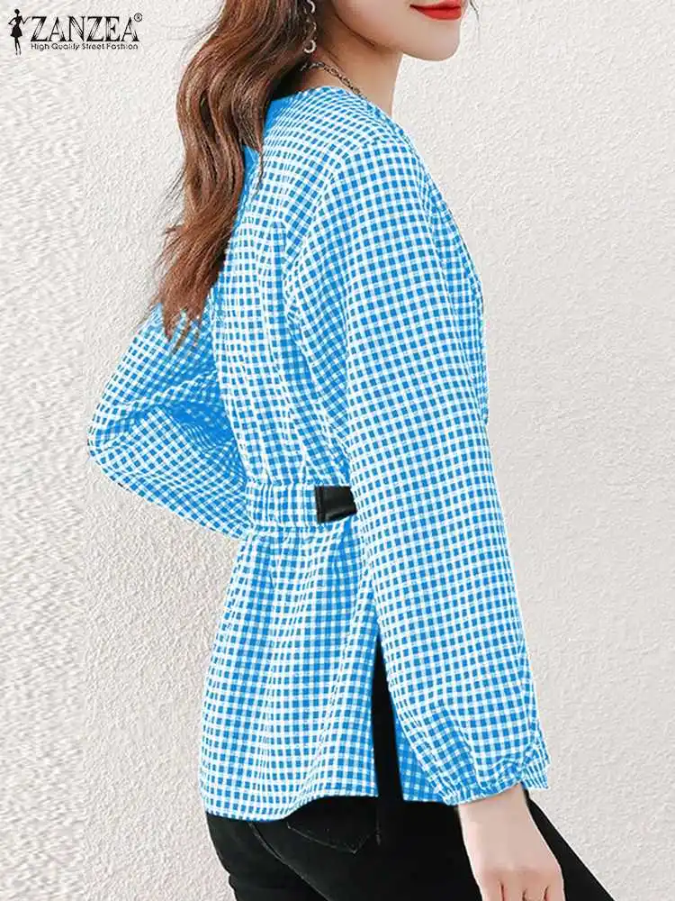 Zanzea 2024 Zomer Lente Oversized Vrouwen Blouses Shirt Mode V-Hals Tops Plaid Blusas Ol Werk Tuniek Lange Mouw Tee Streetwear