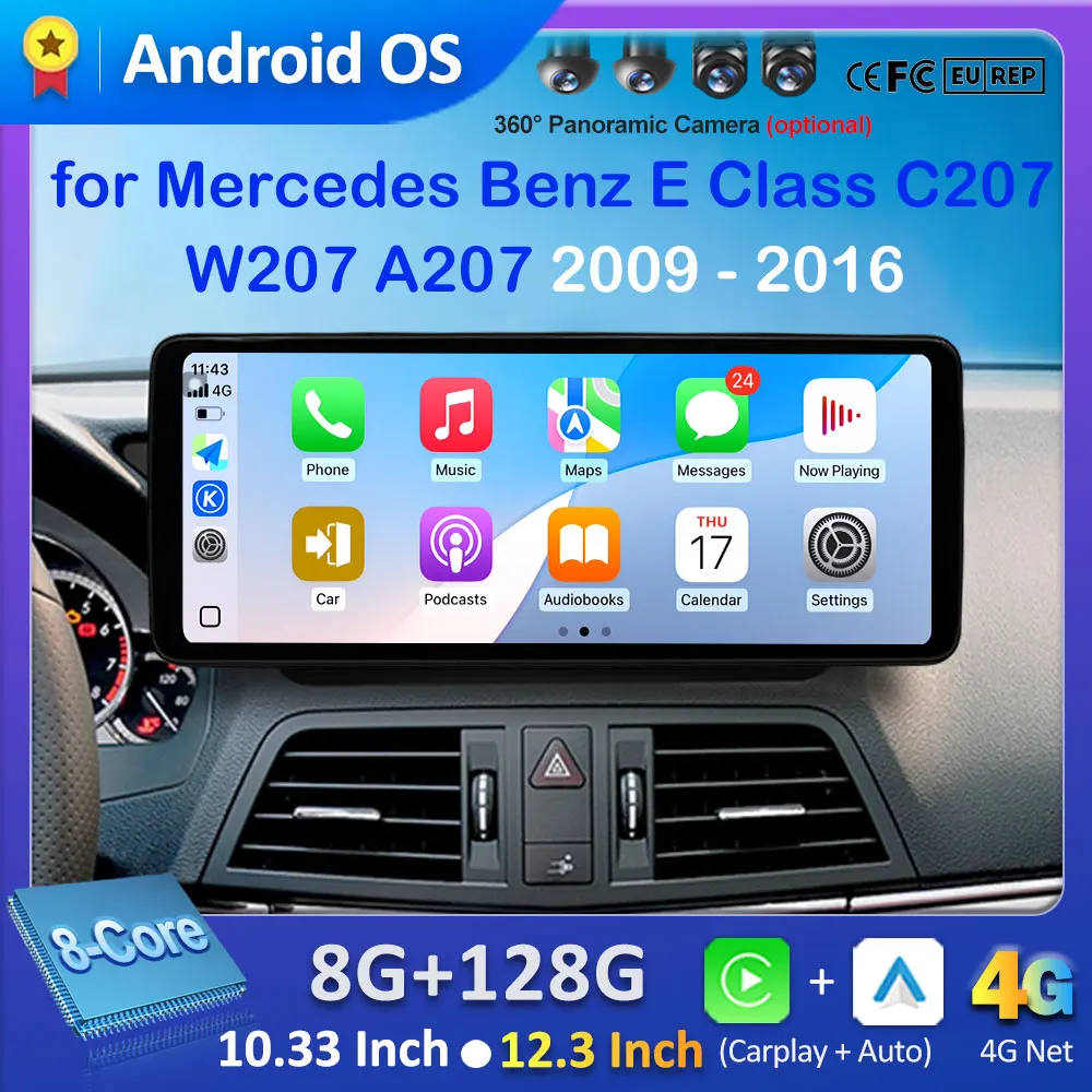 Wireless Carplay Car Radio Android 16 for Mercedes Benz E Class C207 W207 A207 2009 - 2016 DSP Stereo GPS Navi Multimedia Player