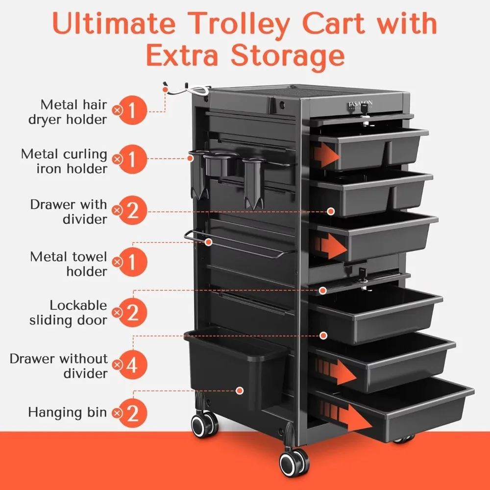 Beauty Salon Cart - Lockable Salon Trolley Cart with 6 Drawers and Tool Holders, Salon Stations，Lock and Door, Black Tool Cart