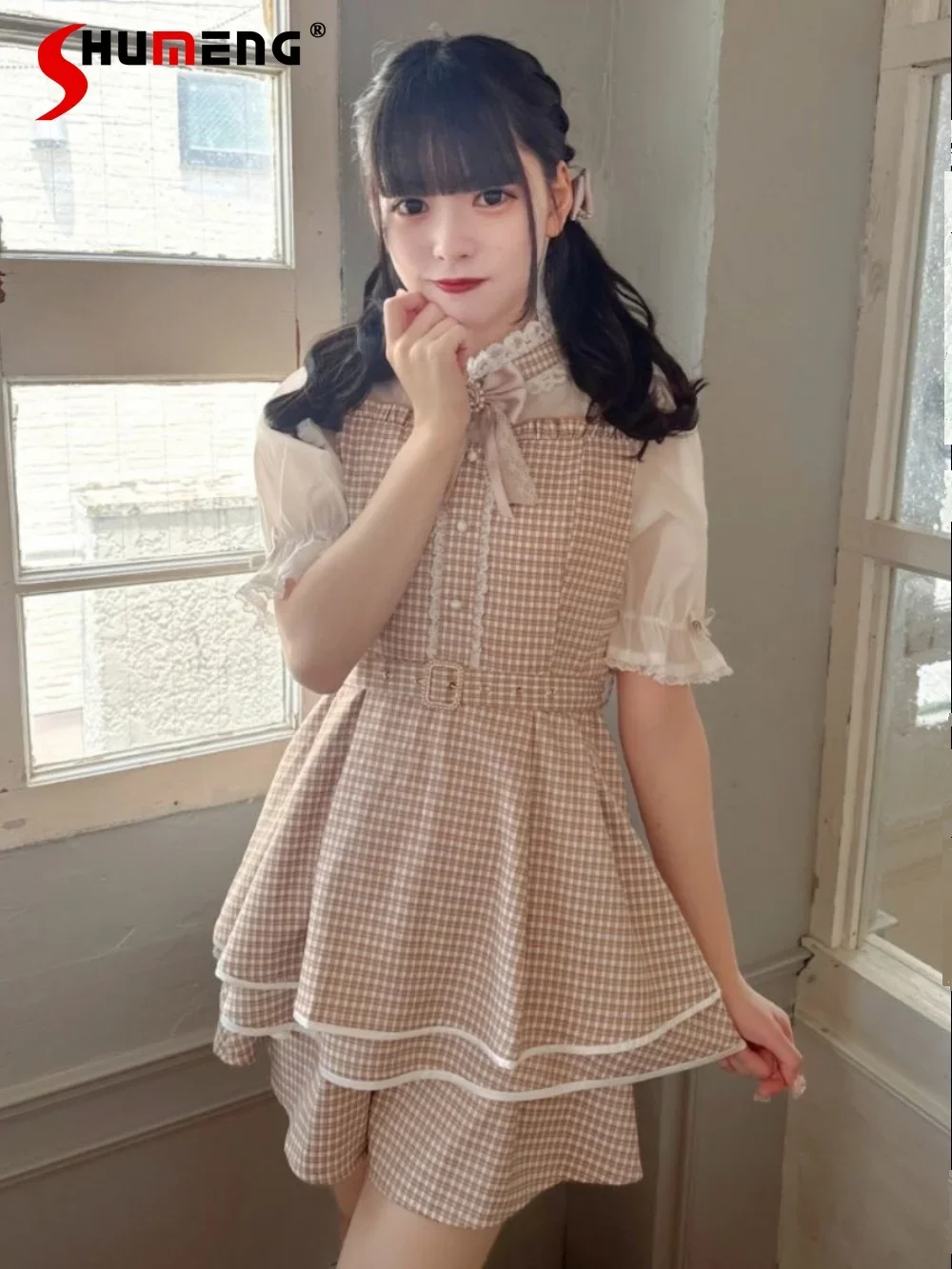 Japanese Mine Preppy Style Sweet Lolita Set Lace Splicing Bow Short Sleeve Belt Slim Top High Waist Shorts Two-piece Set Women