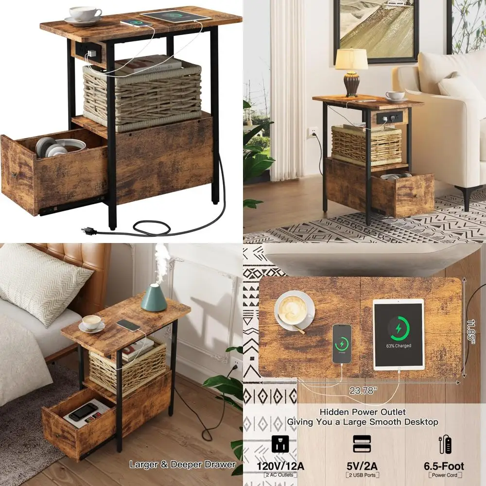 

Прикроватная тумбочка для зарядной станции с ящиком, USB-портами и розетками, тонкий приставной столик для спальни