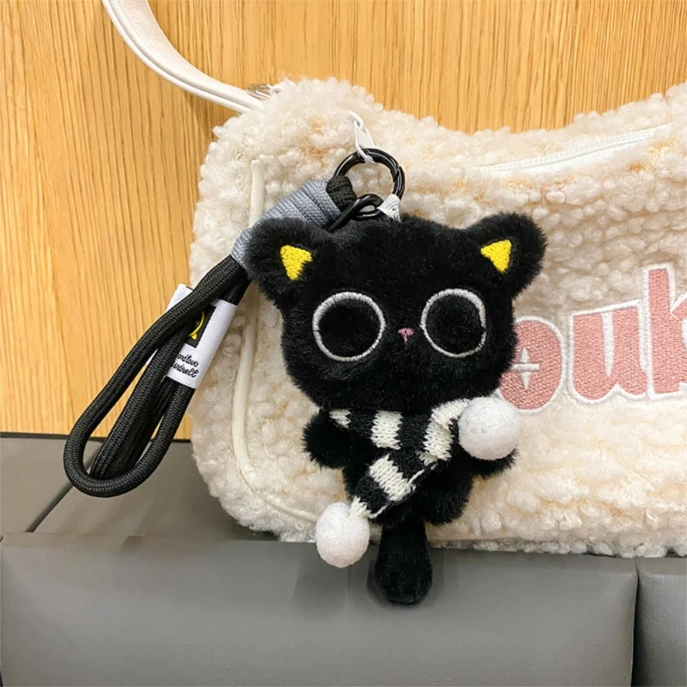Cute Sleepy Black Cat Plush Keychain Stripe Scarf Stuffed Doll Bag Pendant Soft Car Key Ring Gifts