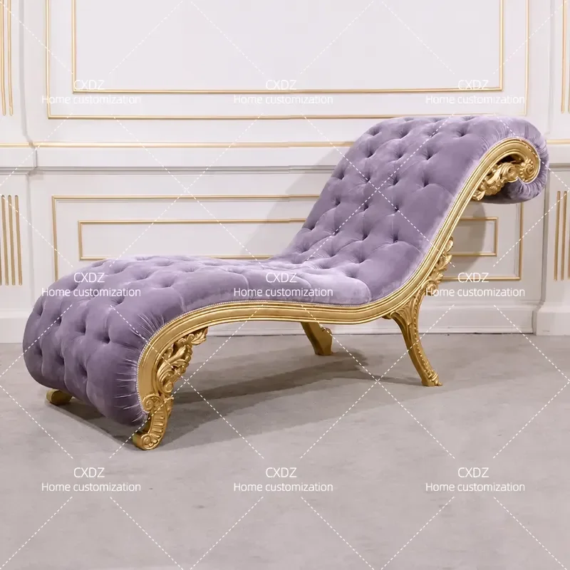 European Luxury Solid Wood Carved Recliner Chair French Purple Fabric Sofa for Living Room Villa Balcony Lounge Seat
