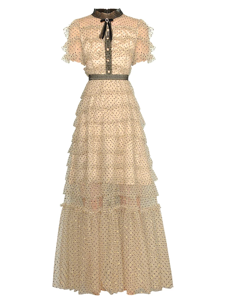 LGRQ Temperament Mesh Dot Tiered Sheer Vrouwelijke Luxe Feestjurk Korte Mouw Dames Avondjurk 2024 Zomer Nieuwe Tij 19ZZ1594