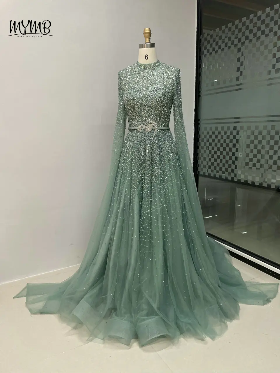 MYMB Exclusive High Neck Cape Sleeves Prom Party Dress Dubai Luxury Belt Beading A-Line Tulle Overlay Evening Gowns MB40029