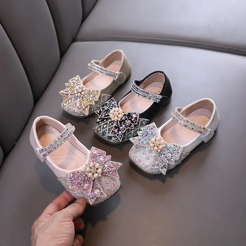 Spring Autumn Girl Princess Shoes Rhinestone Bowtie Kids Leather Shoe Fashion Causal Sequins Children Causal Wedding Flat Shoes