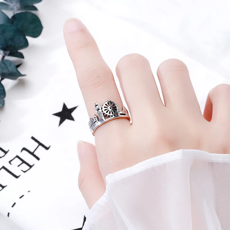 Personalized Castle Bridge Clock Tower Sky City Open Ring Trendy Air Garden Castle Adjustable Rings forWomen серебряное кольцо