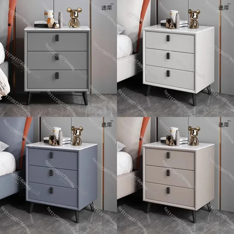 Modern Solid Wood Nightstand with 3 Drawers Leather Accent Sintered Stone Top Bedside Table Side Storage Cabinet for Bedroom
