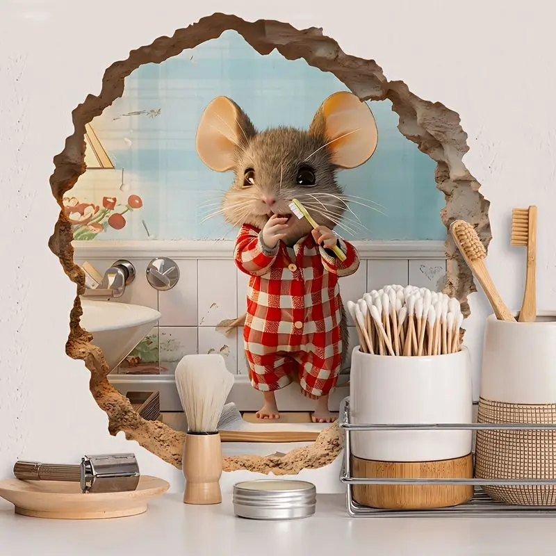 VIKAMA Sleepwear Brushing Teeth Mouse Hole Wall Stickers Self Adhesive Creative 3D Stickers Living Room Entrance Room Decor