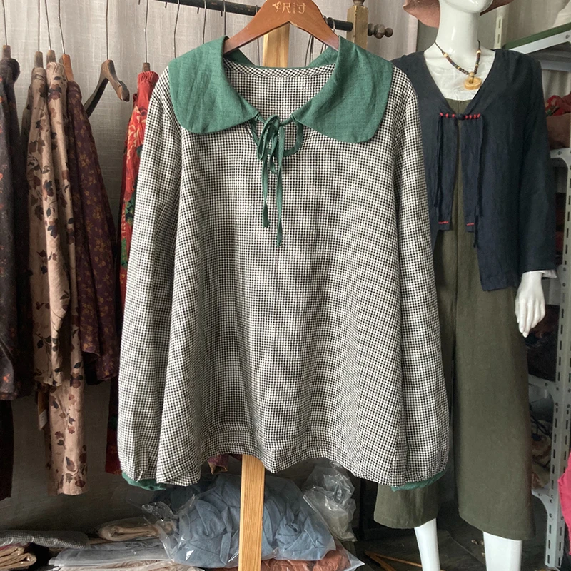 

2025 New Spring Women Loose Fit Casual Plaid Peter Pan Collar Long Sleeve Blouse All-match Good Quality Cotton Linen Shirts T428