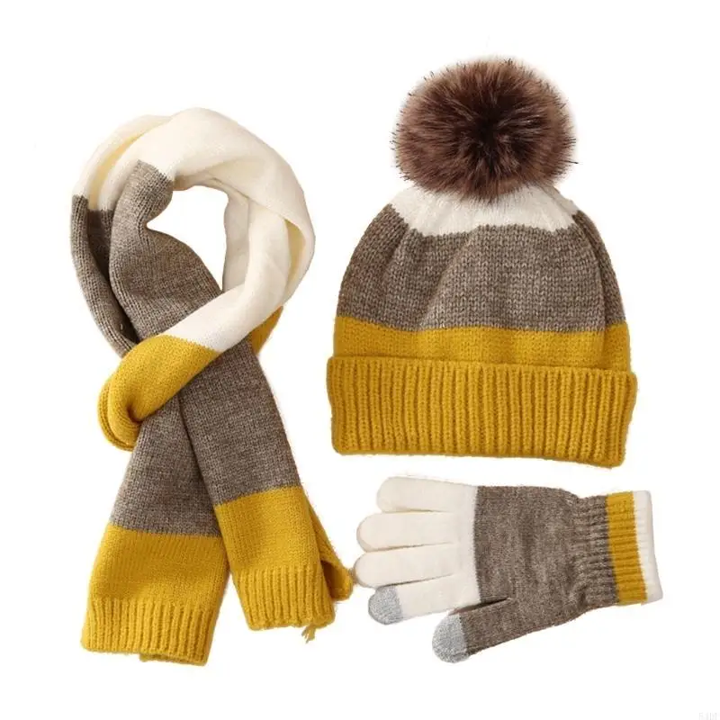 54DF Kids Hat Scarf & Gloves Set Winter Pom Pom Hat with Gloves & Scarf Warm Knitted Beanie Hats Girls Boys Cap Gloves Scarf