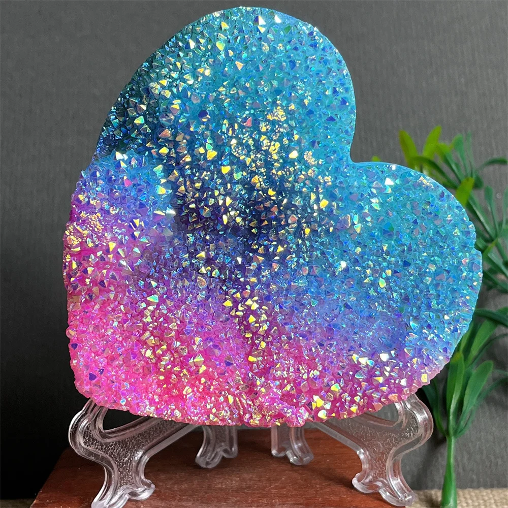 Druzy Heart Aura Stone Quartz Crystal Natural  Reiki Gemstone Flash Rainbow Healing Minerals Witchcraft Home Decoration+Stand