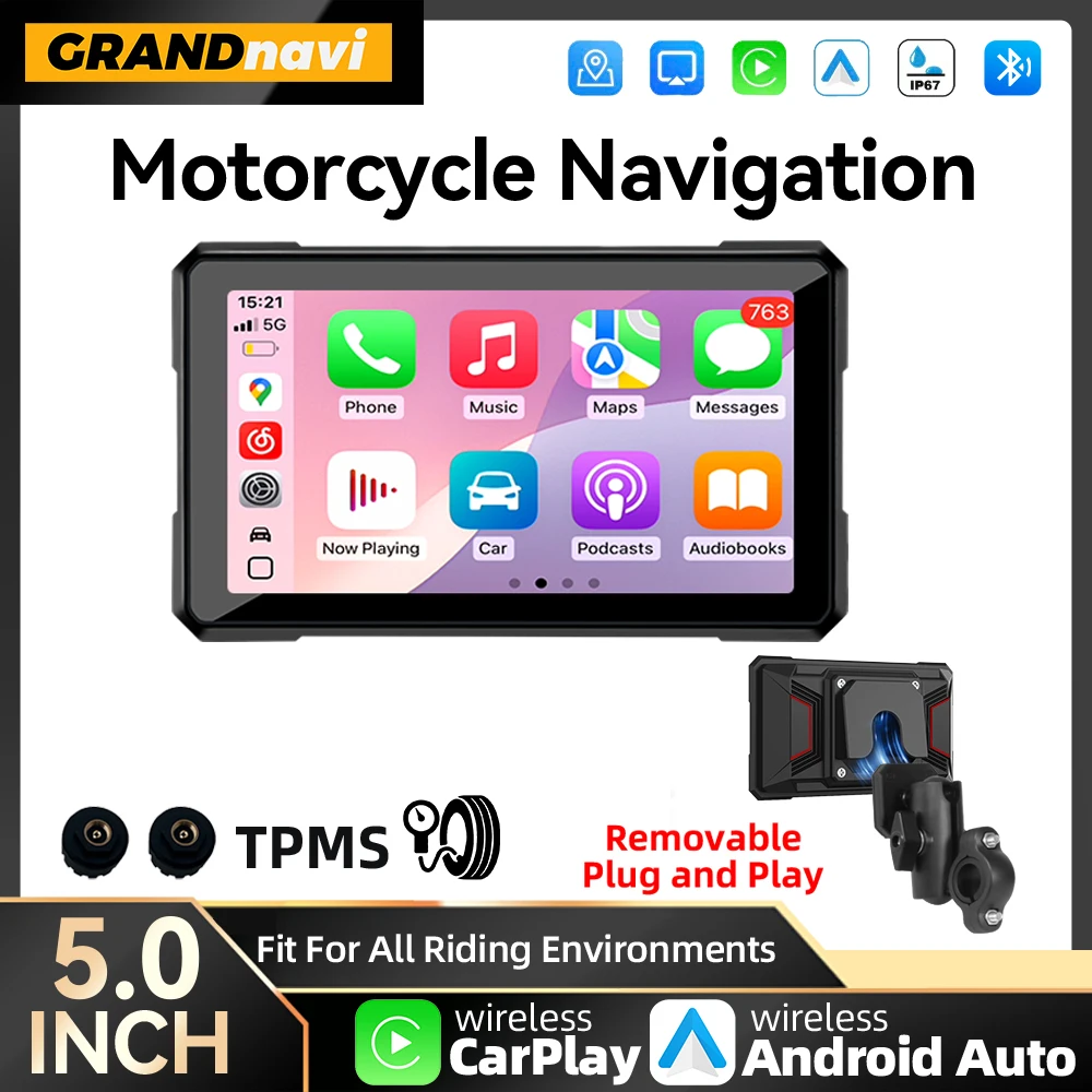 

5 Inch Motorcycle GPS Navigation Portable Wireless Carplay Android Auto Magnetic Quick Release Bracket Bluetooth Moto Motorbike