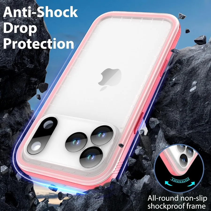 Custodia impermeabile per iPhone 17 Pro Max con protezione schermo integrata per 6,9 pollici Design trasparente satinato rosa Corpo intero antipolvere