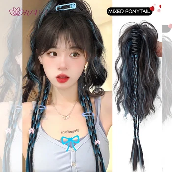Huaya Synthetische Klauw Clip Paardenstaart Vlecht Hair Extensions Lang Krullend Haar Zwart Blauw Roze Gemengd Haar Paardenstaart Voor Vrouwen