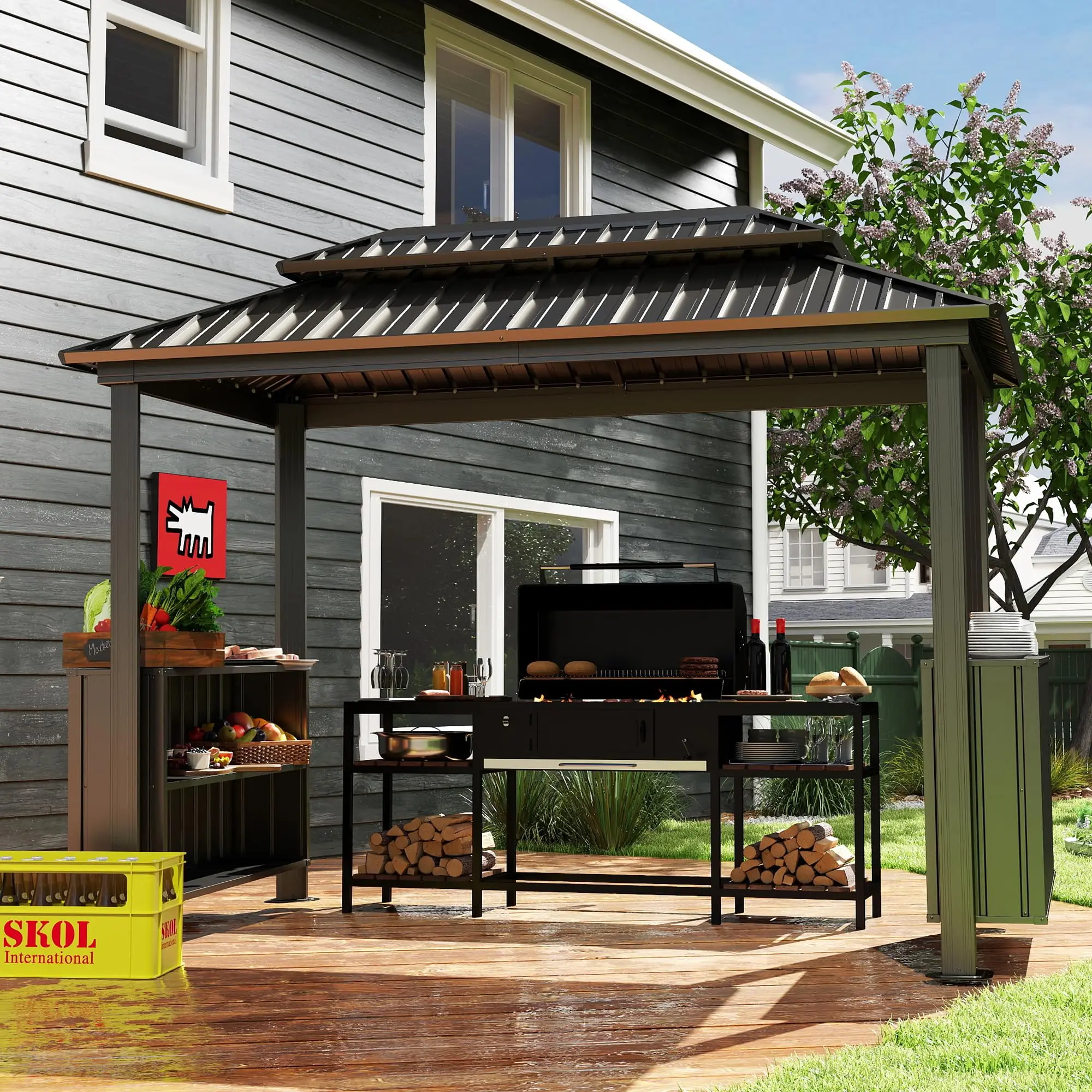 

！@Double Galvanized Steel Hardtop Grill Gazebo with 2 Cabinets Ceiling Hooks for Outdoor BBQ Canopy & Pergola in Backyard Lawn