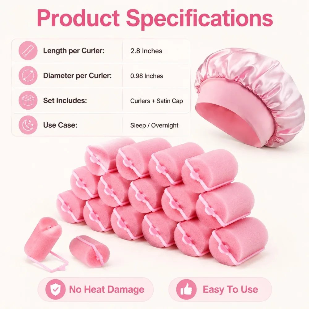 Sponge Hair Rollers with Satin Sleep Cap Set Soft Foam Hair Curlers No Heat DIY Hair Styling Tools Reusable Hair Roller Curls view 4