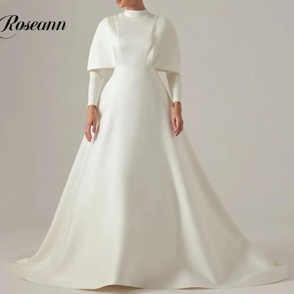 

Simple Wedding Dresses High Collar Long Sleeves Zipper Bridal Gowns Pleat Chapel Train Pageant Vestido De Novia Custom Made