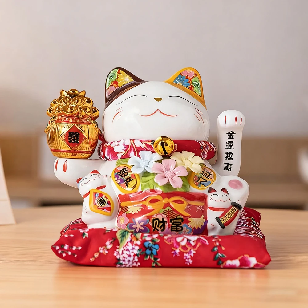 7 Inch Ceramic Lucky Cat with Waving Arm Beckoning Cat Maneki Neko Statue Feng Shui Ornament for Home Office Store Decoration