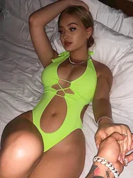 Lace up Halter Tummuy Cut Out Female Thong Swimwear One Piece Swimsuit Women Backless Monokini High Cut Bather Bathing Suit Swim