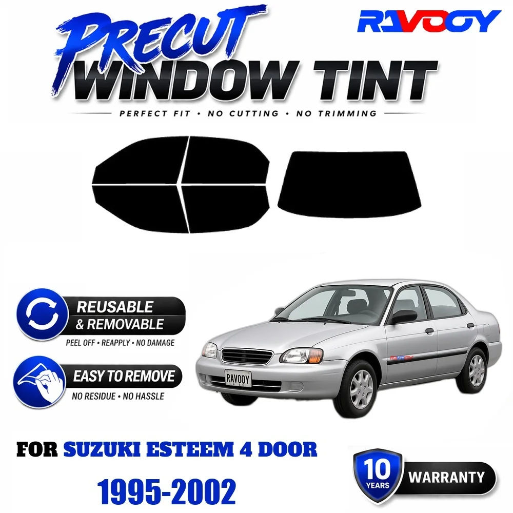 Film teinté pour fenêtres RAVOOY, film EPU réutilisable et amovible, ajustement personnalisé pour Suzuki Esteem 4 portes 1995-2002, protection contre les UV et la chaleur