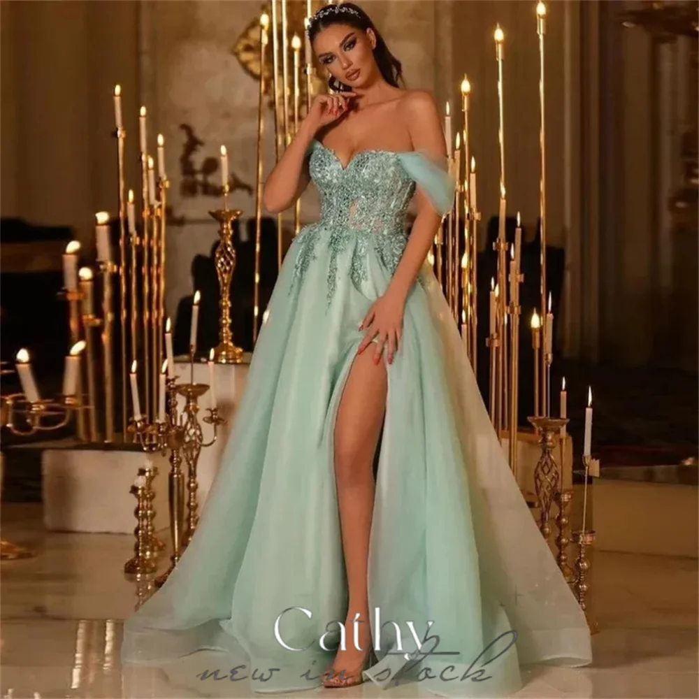 

Cathy Dusty Green Lace Appliques Prom Dresses A-line Tulle فساتين السهرة Off the Shoulder Sexy Side High Split Vestidos De Noche