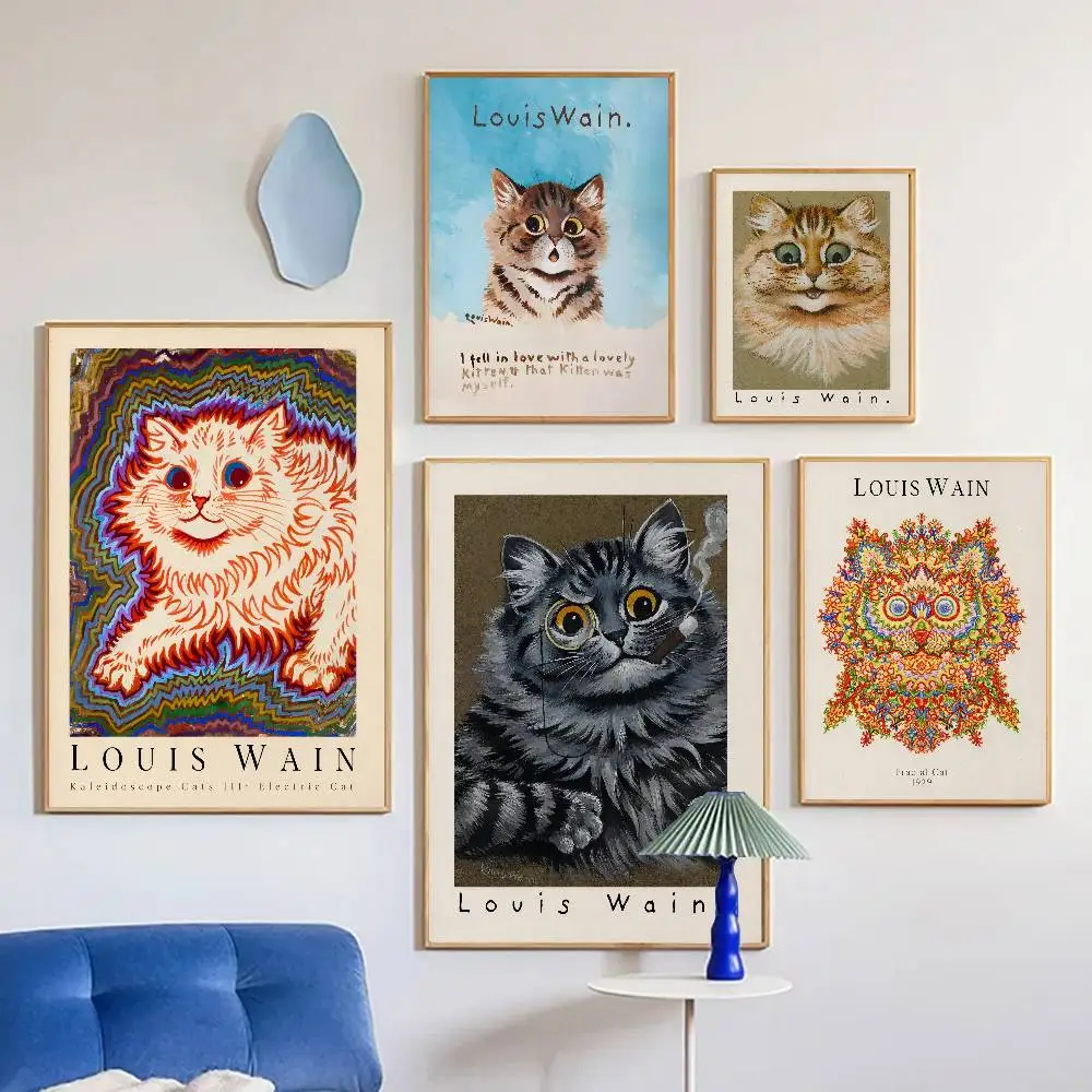 Louis Wain Ginger Kaleidoscope Cat Poster Self-adhesive Art Room Entrance Restaurant Wall Decor Art Painting