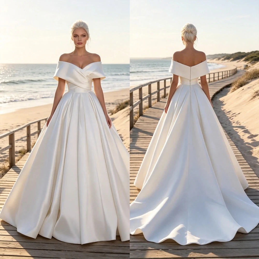 Customized Elegant Off Shoulder Satin Wedding Dresses 2026 New Cross V-neck Sleeveless Fluffy Ruffle Bridal Gown Zipper Back