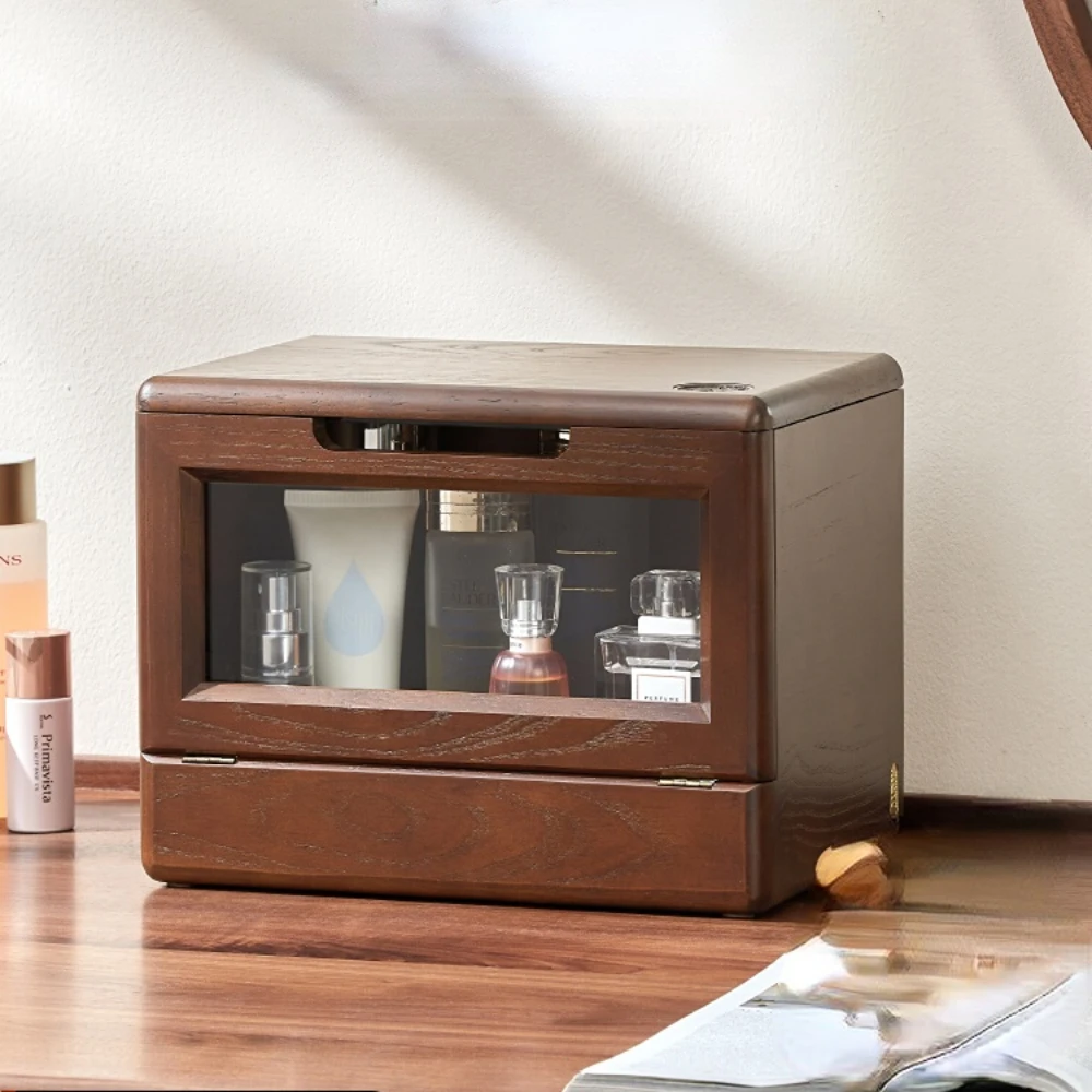 Dust-Proof Cosmetics Storage Box Solid Wood with Mirror Integrated Wooden Desktop Dresser Makeup Skincare Shelves