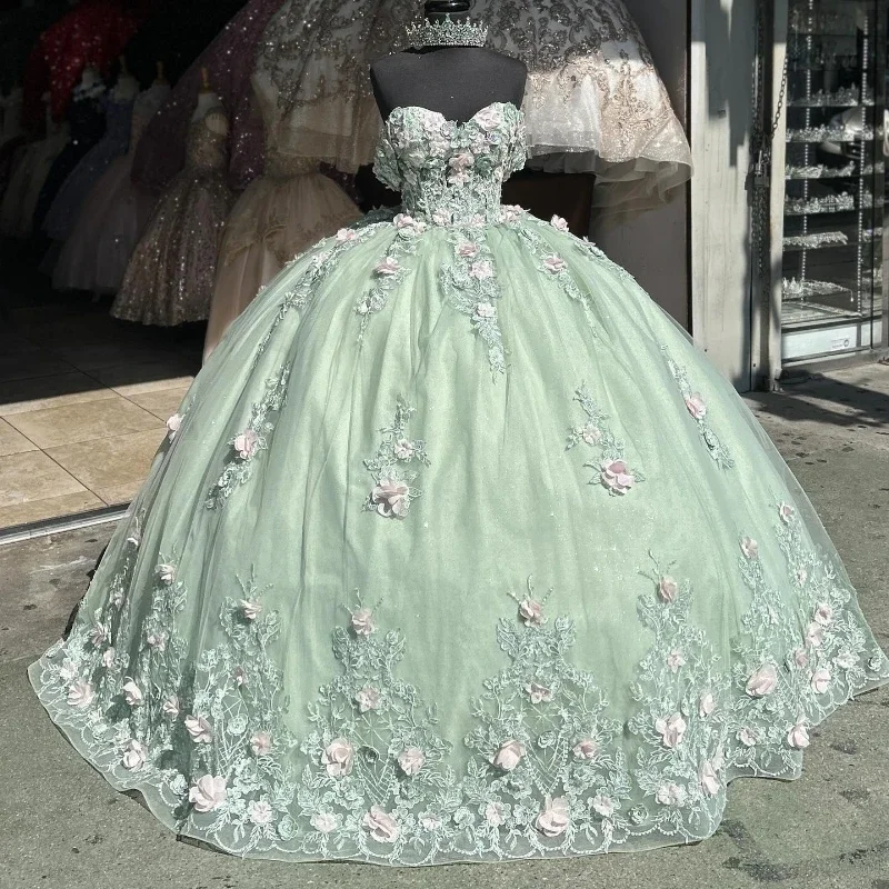 ANGELSBRIDEP abiti Quinceanera verde menta scintillante dolce 16 abiti 3D fiore Applique pizzo Tulle abiti 15 De quinceasenera nuovo