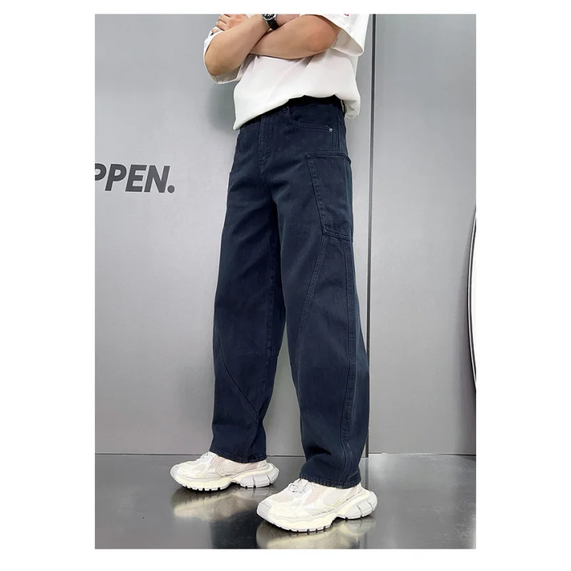 

Washed Jeans Men's American Workwear Multi-Pocket Trendy Japanese StyleinsLoose Street Straight Wide Leg Mop Trousers