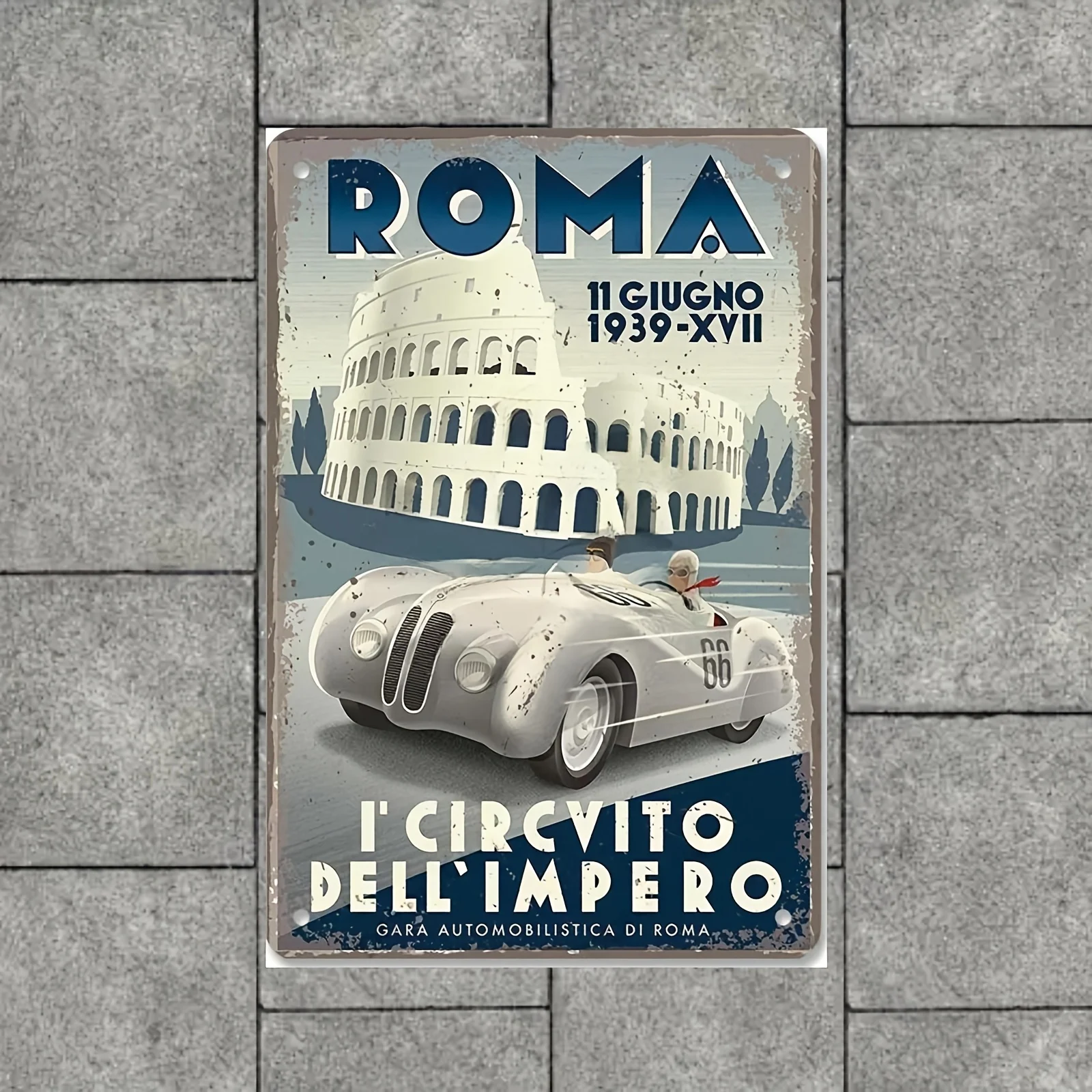 Art Deco Style Iron Tin Sign, Vintage Roma Circuit Race Car Poster, Wall Mount Home Decor for Garage, Frameless Racetrack Wa