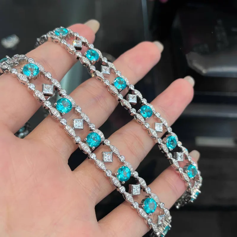 

ZOCA Elegant Jewelry Paraiba Blue White CZ Stone Hollow Bracelet for Women with Platinum Plated Color Chain Fine Jewelry