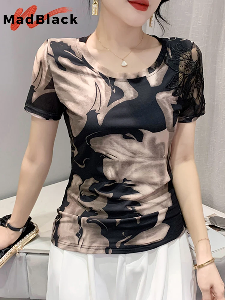 

MadBlack Summer Korean Clothes T-Shirt Chic Sexy O-Neck Patchwork Embroidery Diamonds Print Women Tops Short Sleeve Tees T27017L